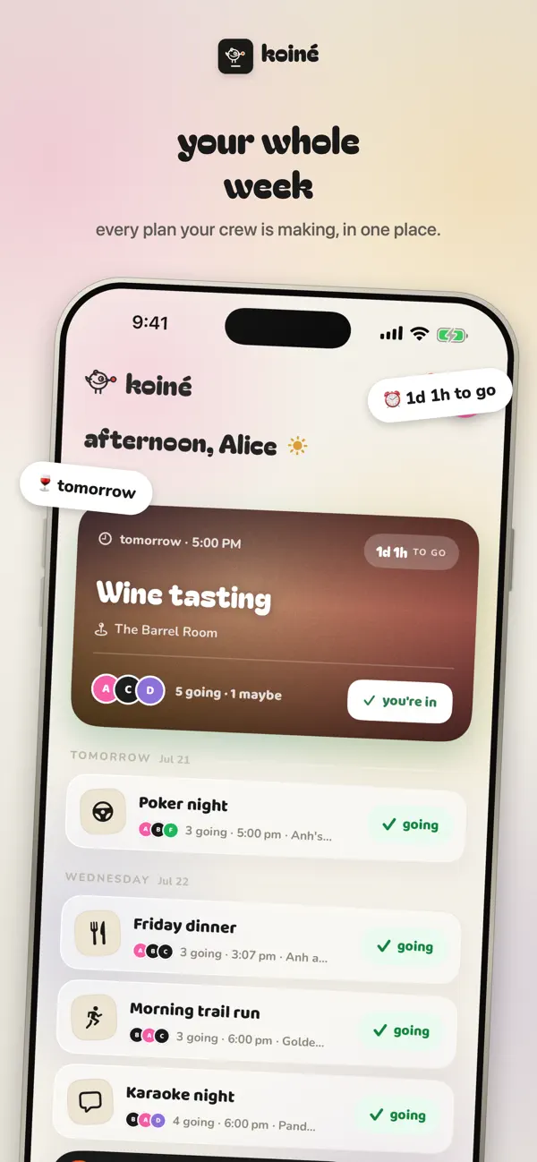 koinē app home screen showing upcoming gatherings across the week