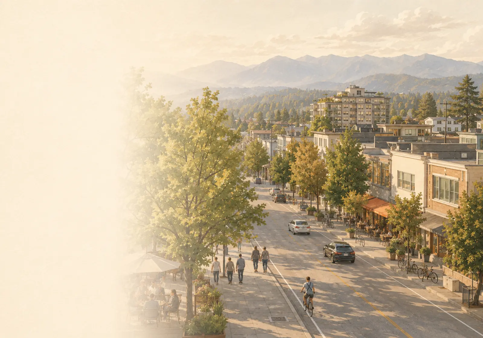 A lively local street with businesses and people moving through the neighbourhood